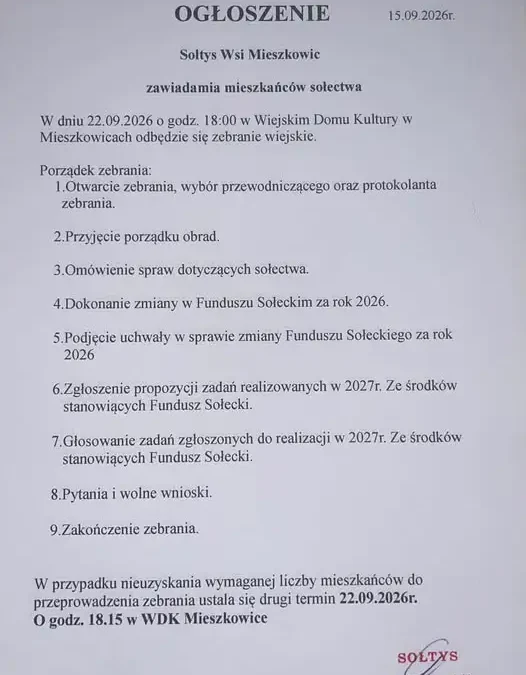 Zebranie wiejskie w Mieszkowicach – mieszkańcy zdecydują o Funduszu Sołeckim