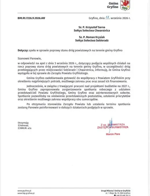Gryfino: sołtysi apelują o remont dróg powiatowych. Gmina odpowiada, czekamy na powiat