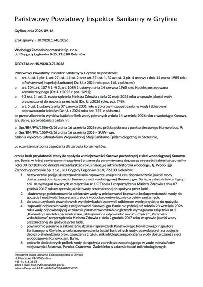 Sanepid w Gryfinie ostrzega: woda z wodociągu Kunowo niezdatna do spożycia