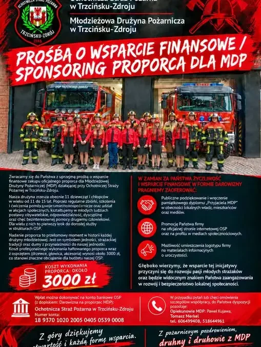 Młodzieżowa Drużyna Pożarnicza z Trzcińska-Zdroju prosi o wsparcie na proporzec